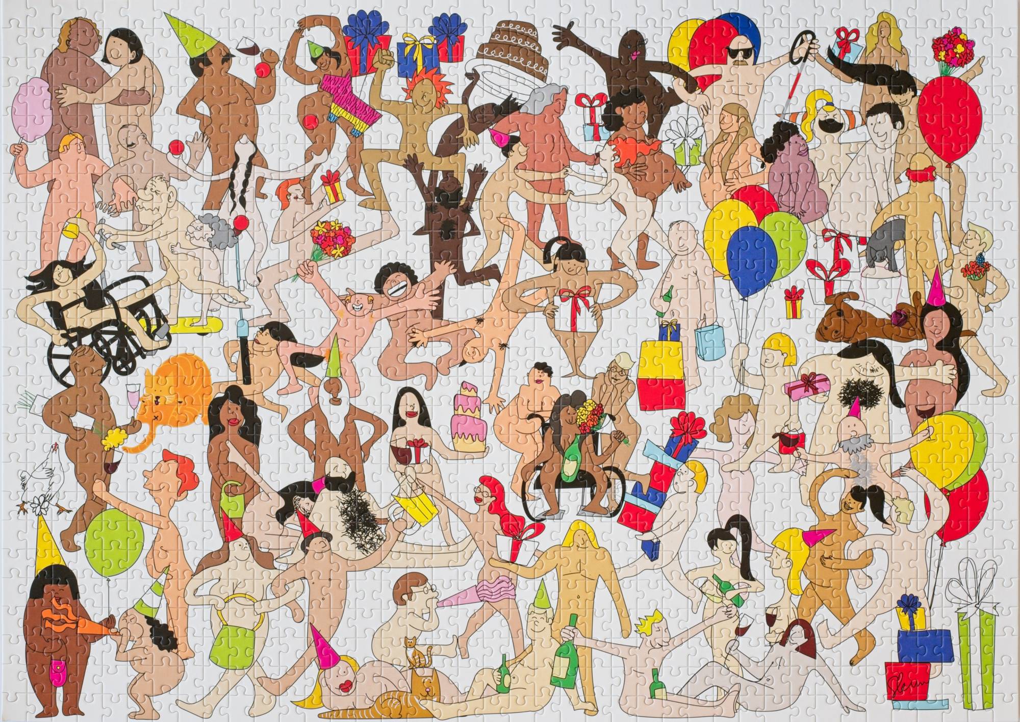 Birthday Suits 1000-piece jigsaw puzzle box by Songa Kim featuring a colourful illustration of people and pets in birthday suits