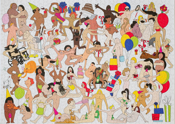 Birthday Suits 1000-piece jigsaw puzzle box by Songa Kim featuring a colourful illustration of people and pets in birthday suits