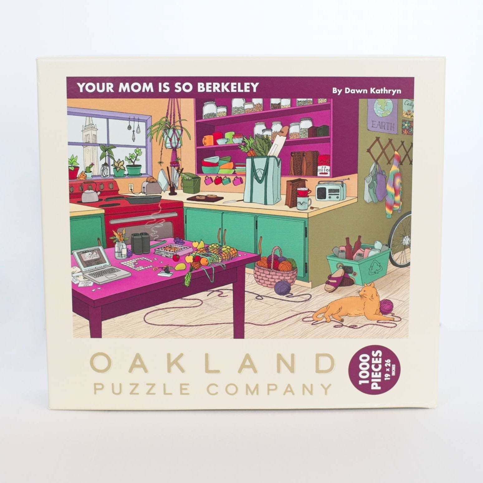 Your Mom Is So Berkeley 1000-piece jigsaw puzzle box showing original illustrated artwork by Dawn Kathryn