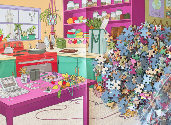 Close-up of Your Mom Is So Berkeley puzzle pieces with matte finish and snug random-cut design