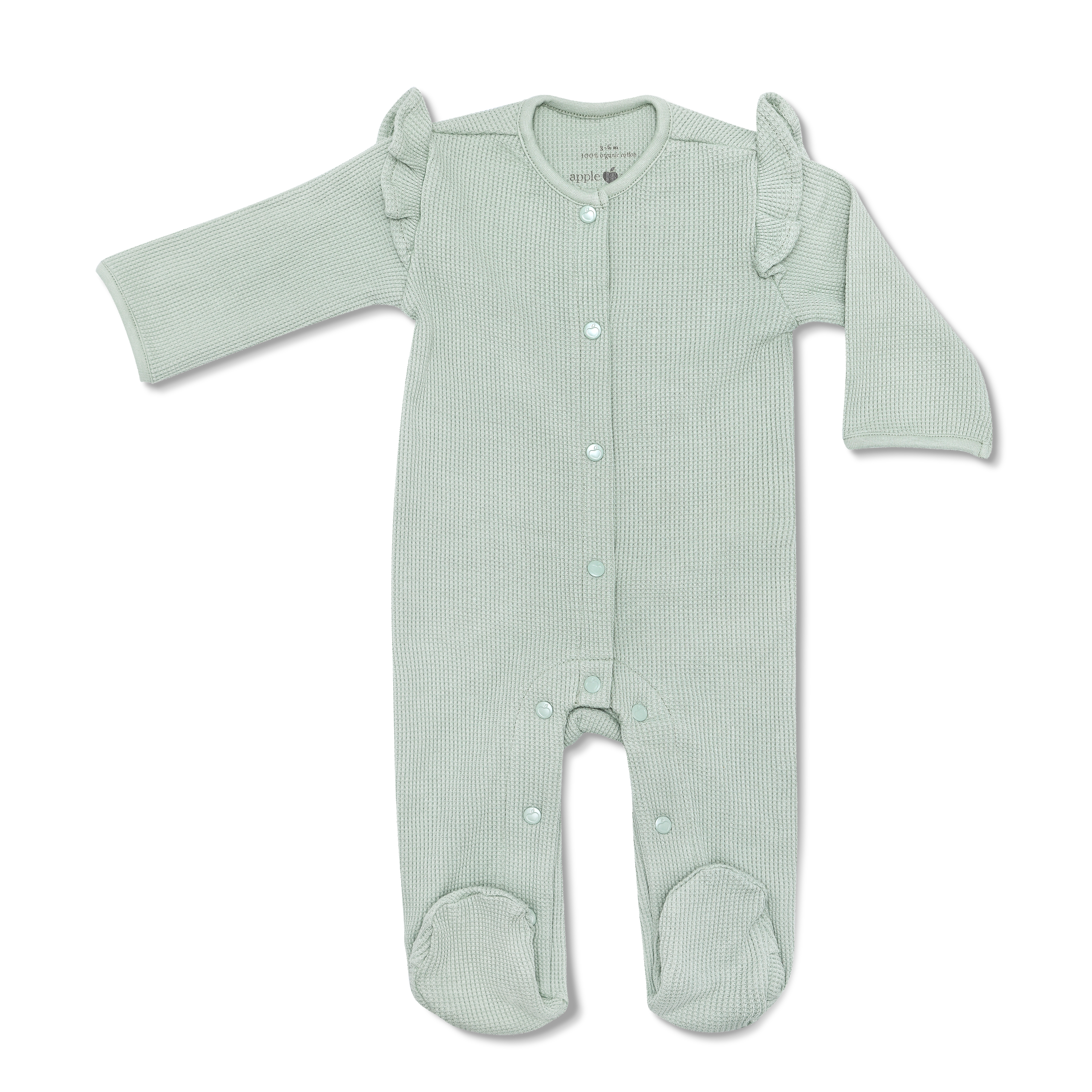 Green baby onesie with ruffled shoulder straps on a white background
