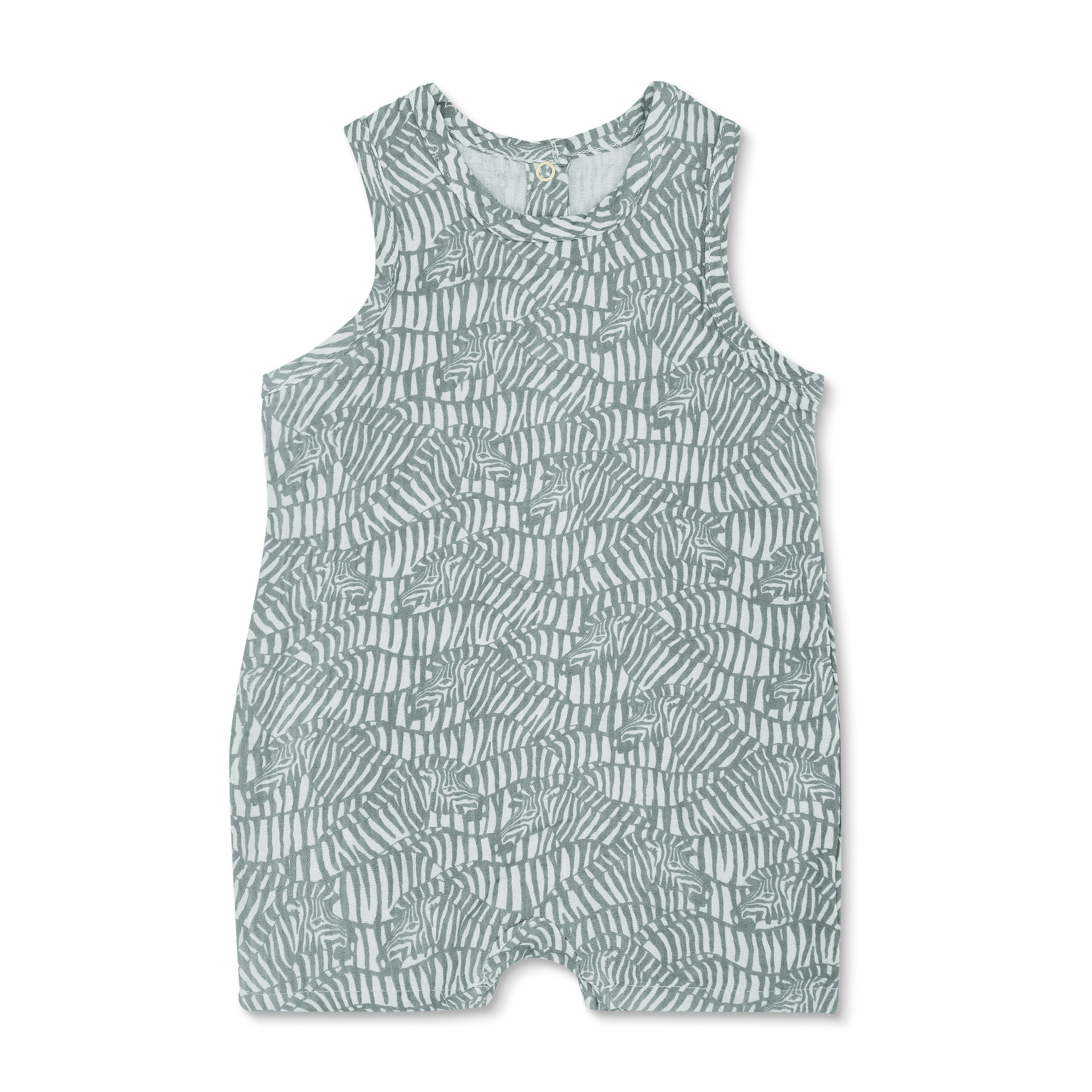 Apple Park organic cotton muslin sleeveless baby coverall in zebra print with snap leg and neck closures