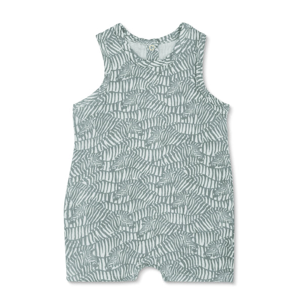 Apple Park organic cotton muslin sleeveless baby coverall in zebra print with snap leg and neck closures