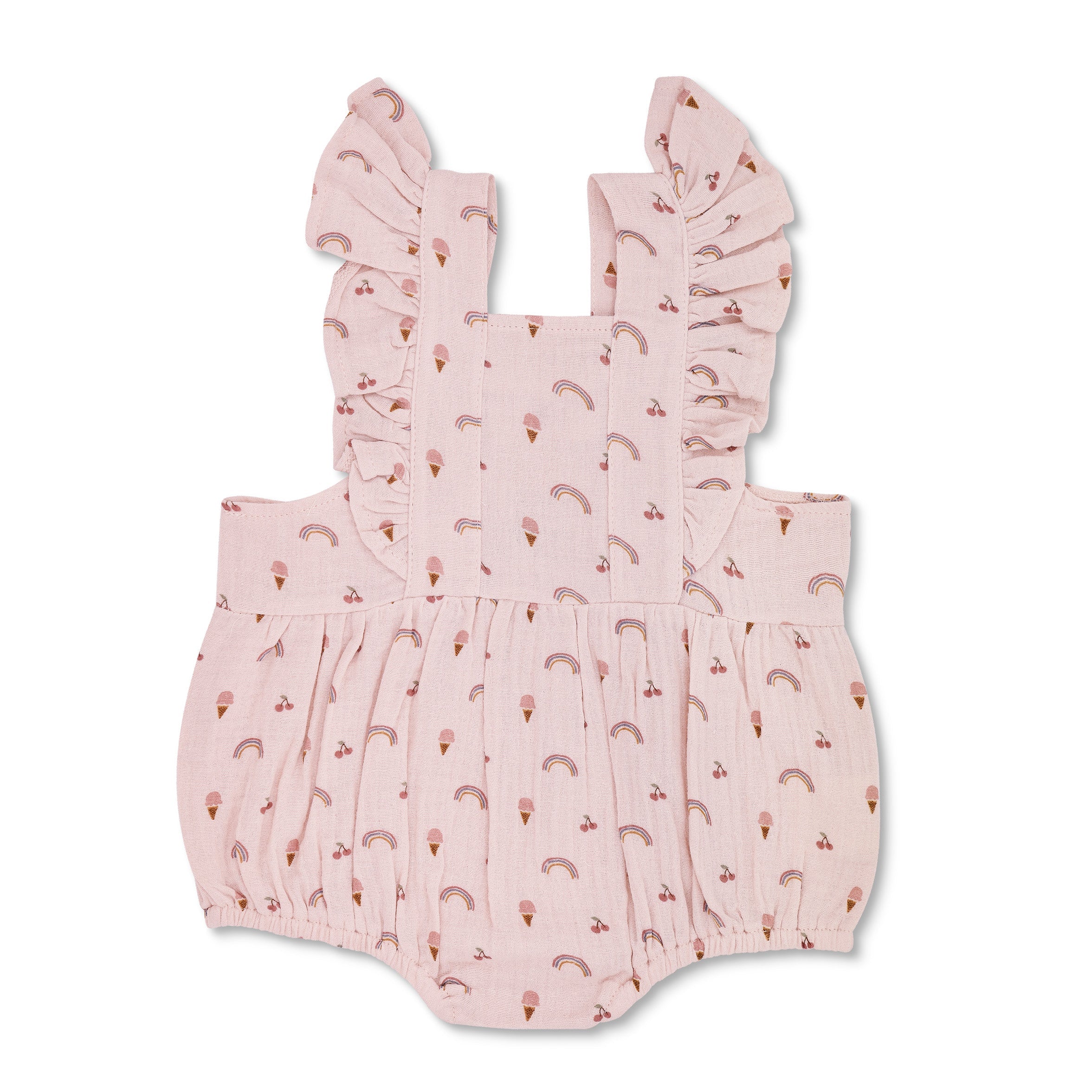 Baby wearing organic muslin flutter sleeve romper in rainbows and ice cream print by Apple Park