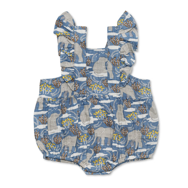 Safari Party organic muslin flutter sleeve baby romper by Apple Park on a white background