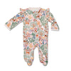 Baby onesie with a colorful forest animal pattern on a white background