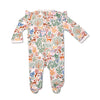 Baby onesie with colorful forest pattern on a white background