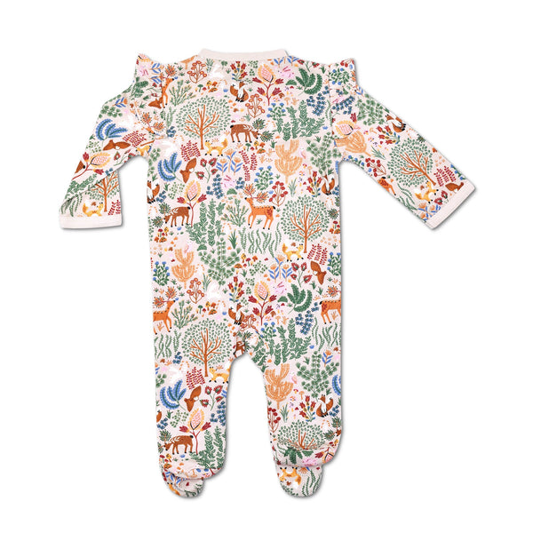 Baby onesie with colorful forest pattern on a white background