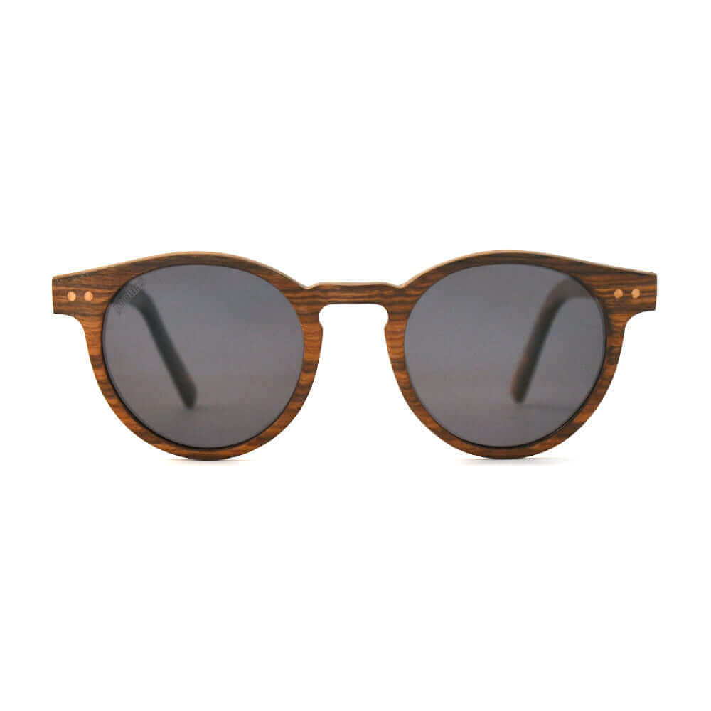Wooden-framed sunglasses with dark lenses on a white background
