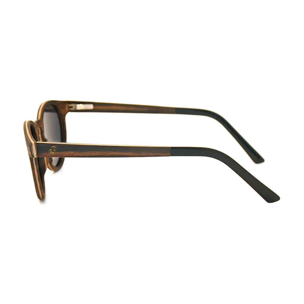 Sunglasses with a brown and black frame on a white background
