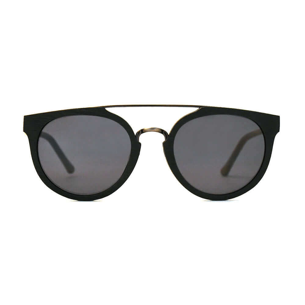 Black sunglasses with gold accents on a white background