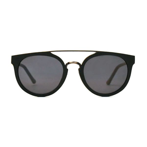 Black sunglasses with gold accents on a white background