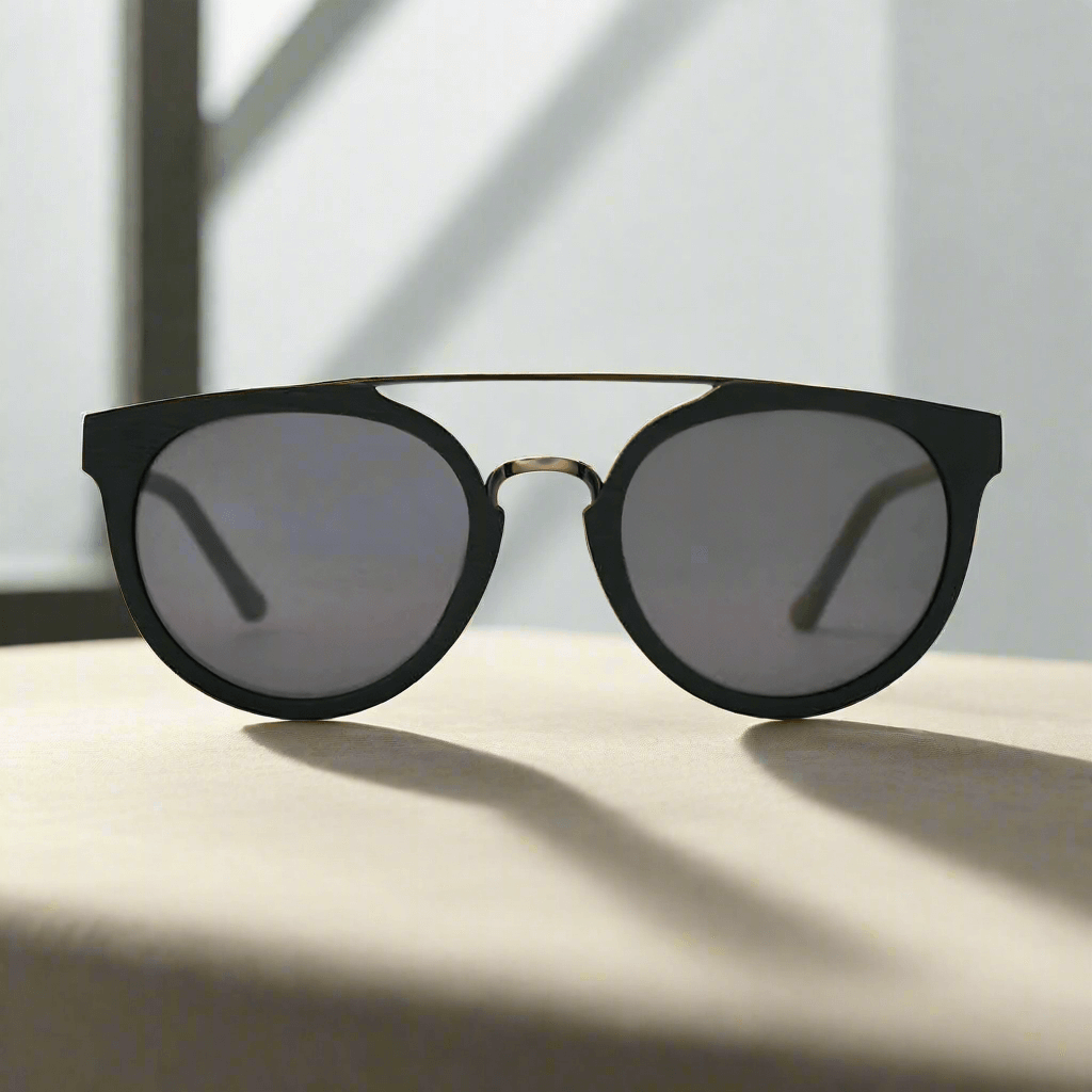 Black sunglasses with dark lenses on a light surface with a blurred background
