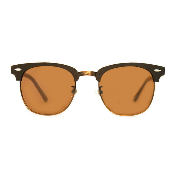 Sunglasses with brown lenses and black frames on a white background