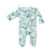 Baby onesie with sea-themed pattern on a white background
