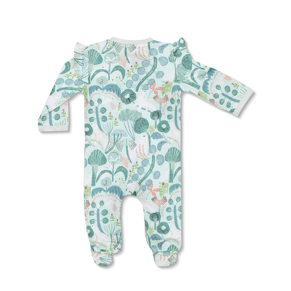 Baby onesie with sea creature pattern on a white background