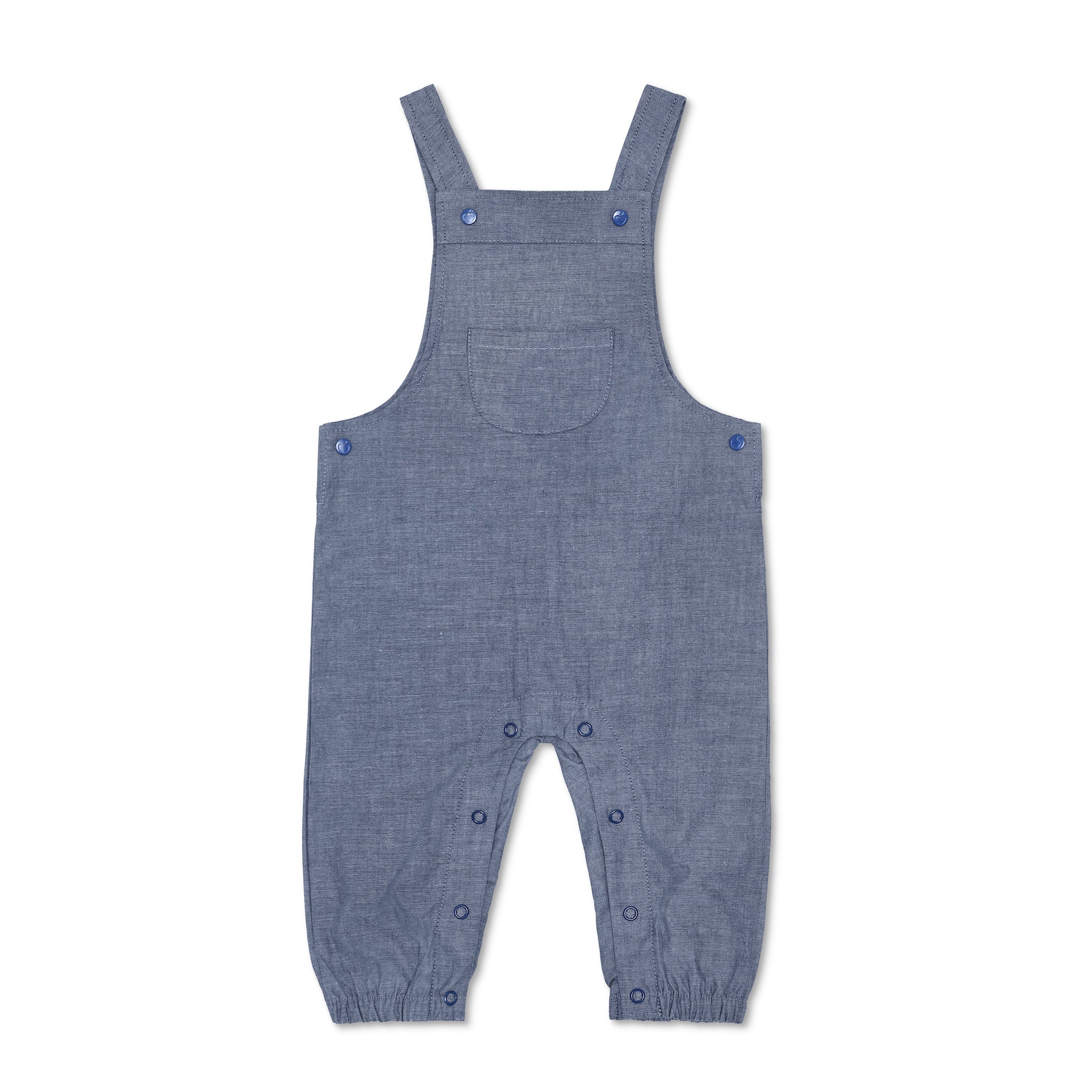 Organic chambray cotton overalls for babies and toddlers by Apple Park, front view