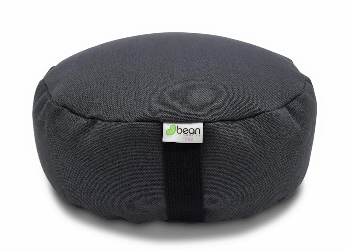 Gray meditation cushion with a visible brand logo on a white background