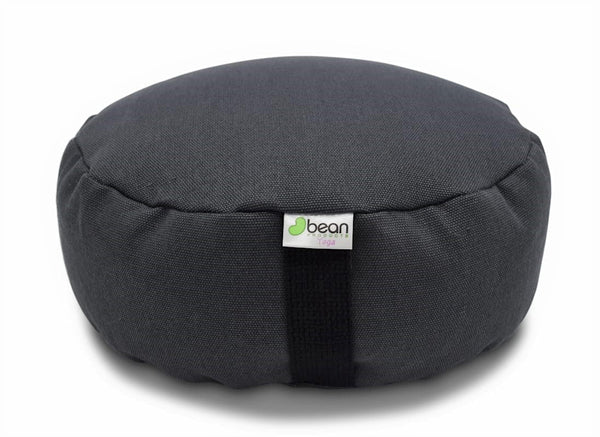 Gray meditation cushion with a visible brand logo on a white background