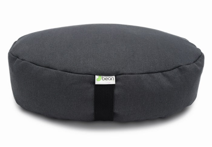 Gray meditation cushion with 'bean' brand label on a white background