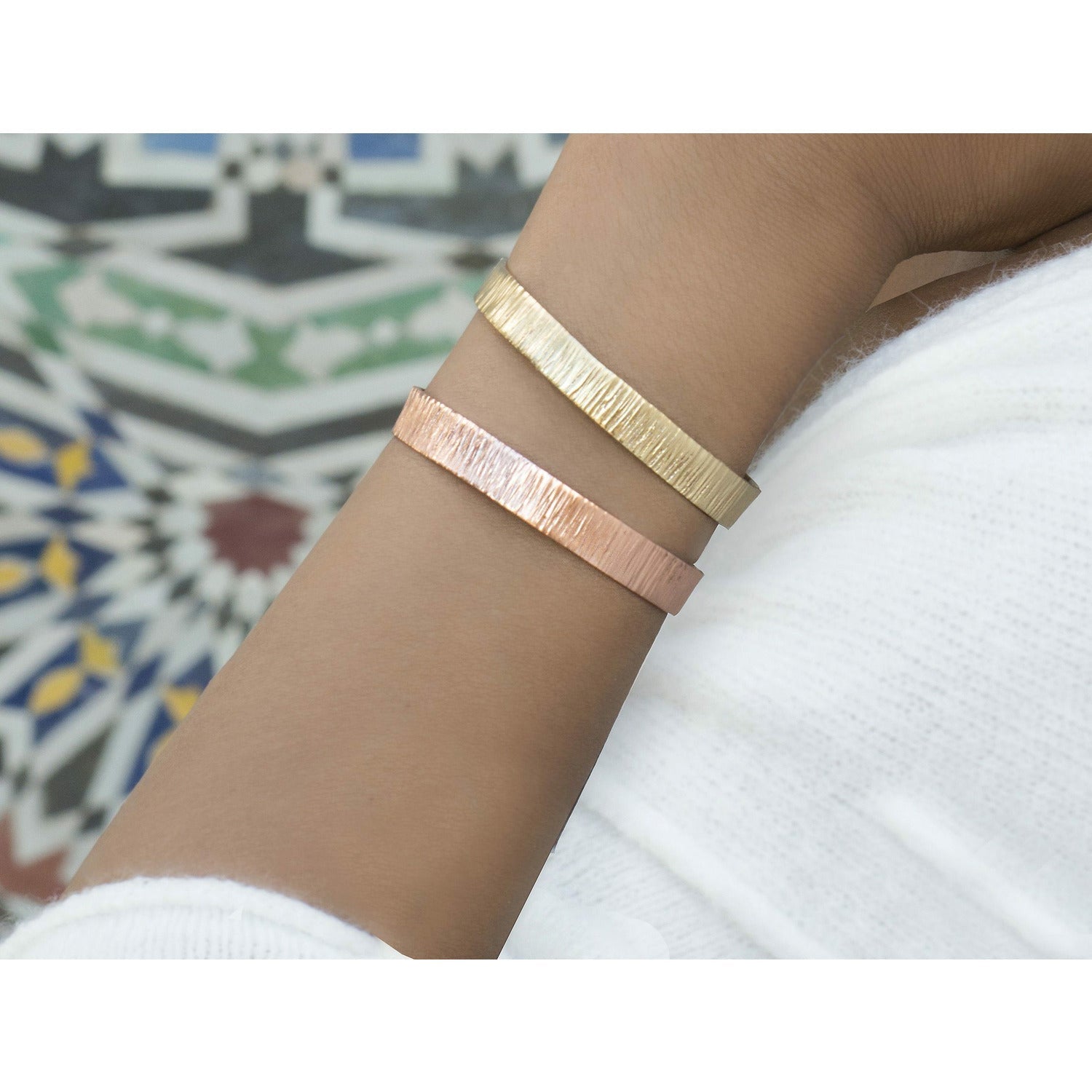 HHPLIFT handcrafted etched brass and copper cuff bracelets styled on wrist