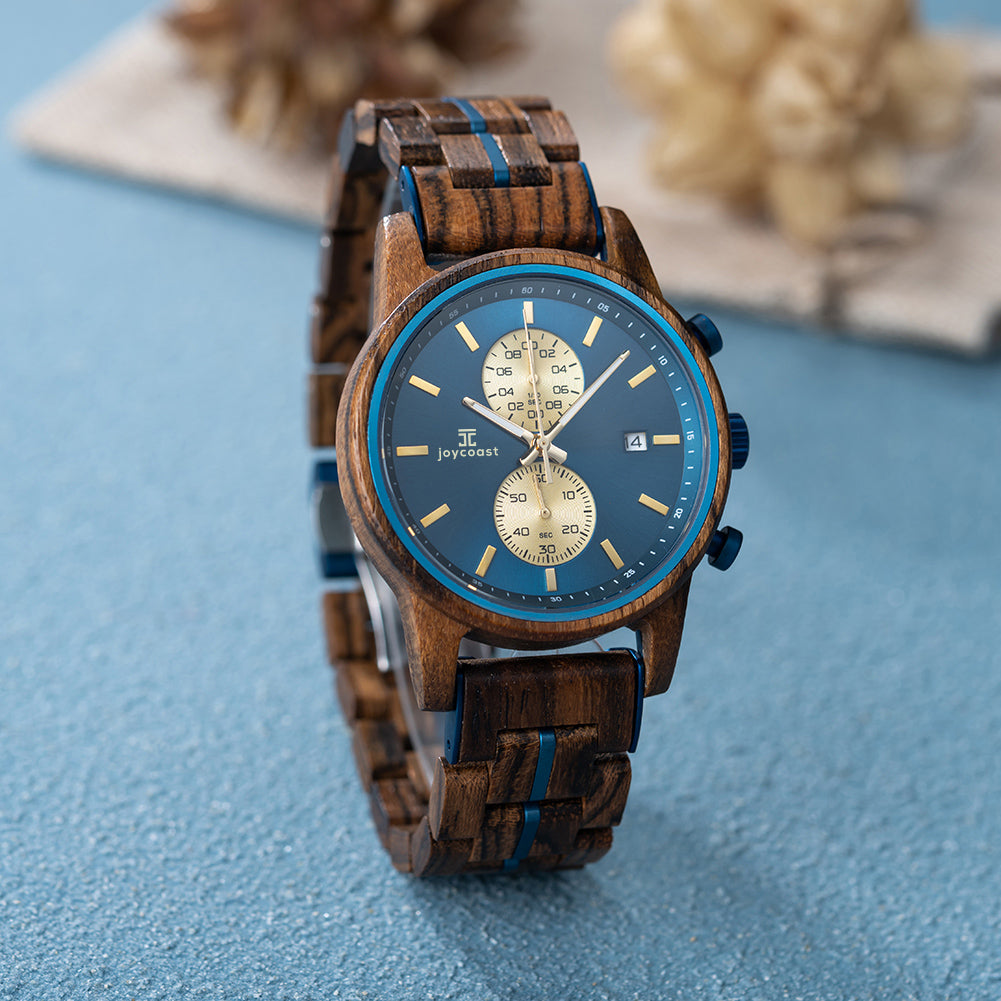 Joycoast Aries zebrawood chronograph wooden watch with bold natural grain pattern on wrist