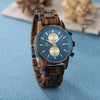Joycoast Aries zebrawood chronograph wooden watch with bold natural grain pattern on wrist
