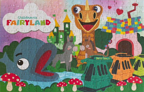 Children's Fairyland 300-piece jigsaw puzzle box from Oakland Puzzle Company featuring colorful illustrated artwork of Lake Merritt's storybook theme park