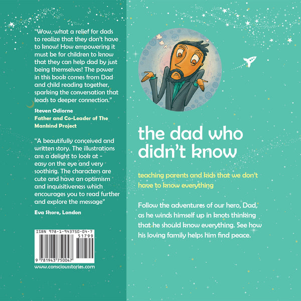 Back cover of The Dad Who Didn't Know children's book about vulnerability, asking for help, and family connection