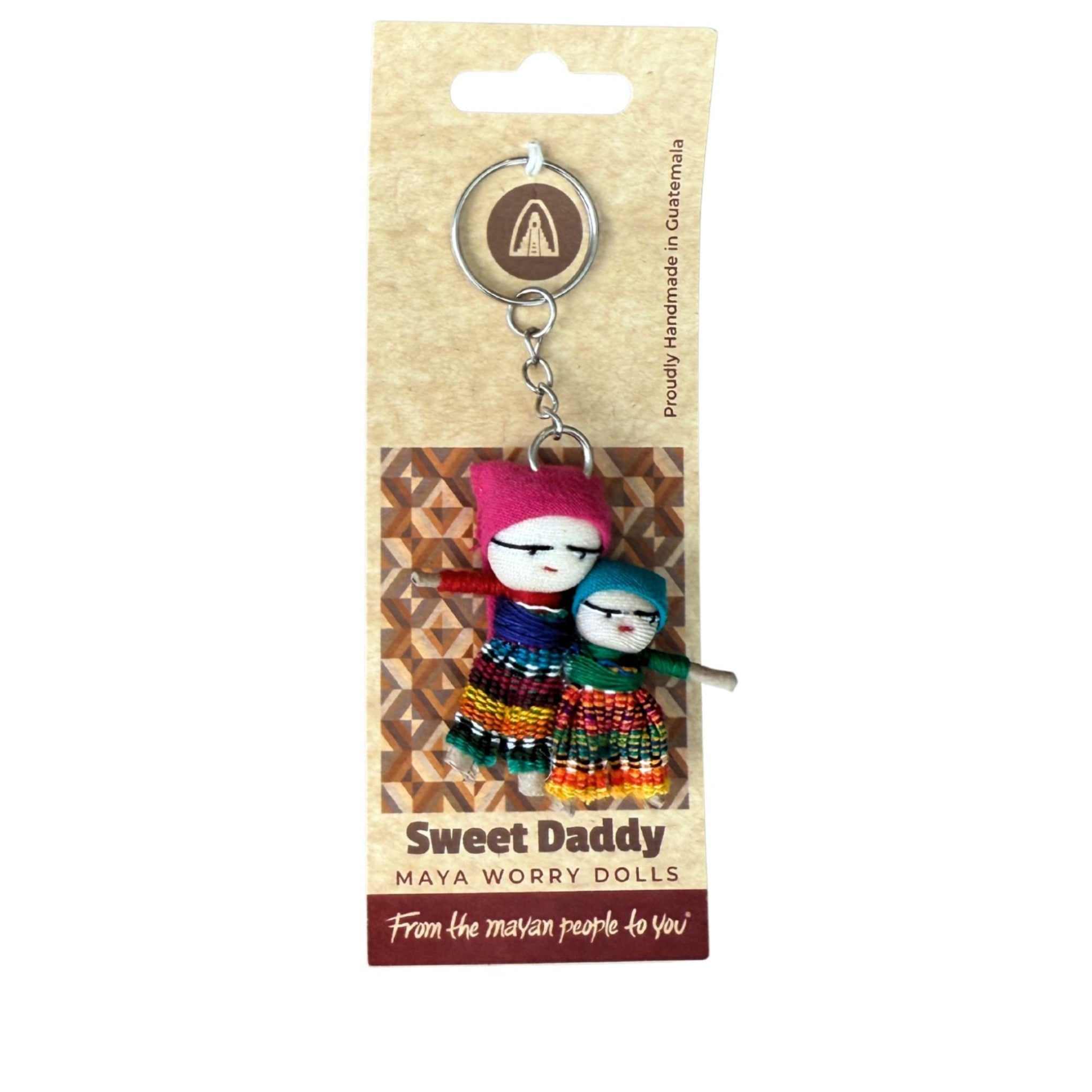 Packaged Maya worry dolls with a keychain on a white background