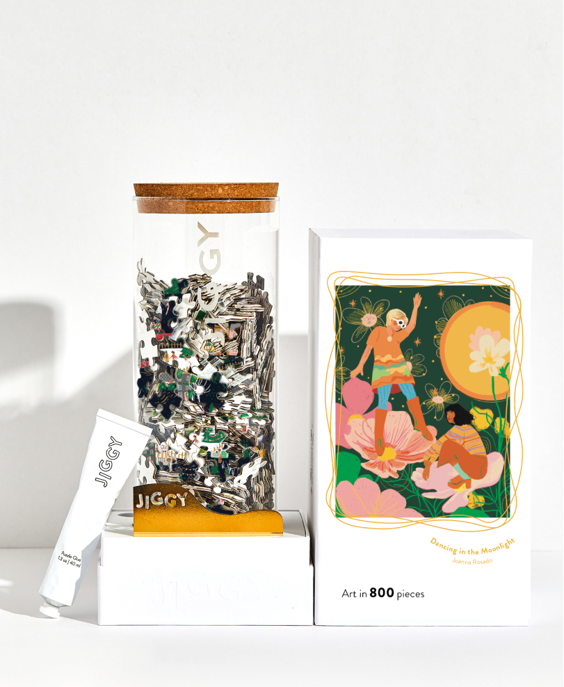 Jigsaw puzzle packaging with a colorful illustration on a white background