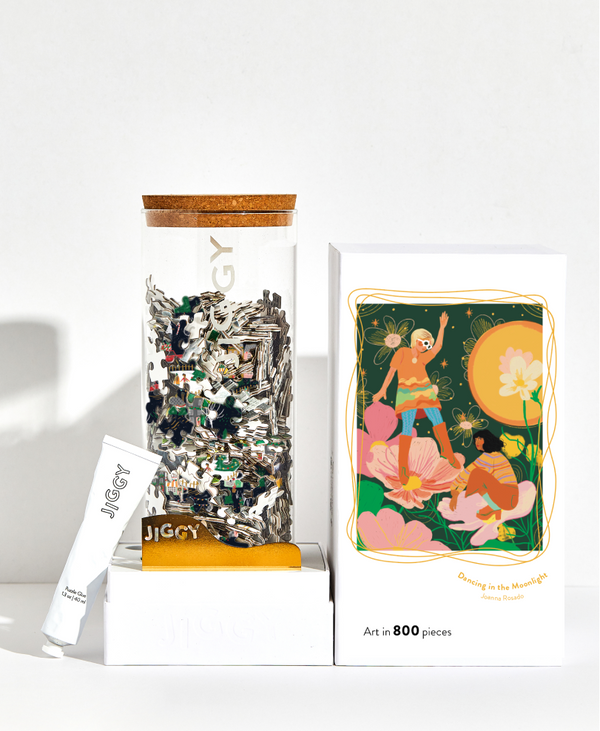 Jigsaw puzzle packaging with a colorful illustration on a white background