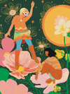 Illustration of two people sitting on flowers with a colorful background