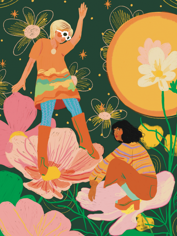 Illustration of two people sitting on flowers with a colorful background