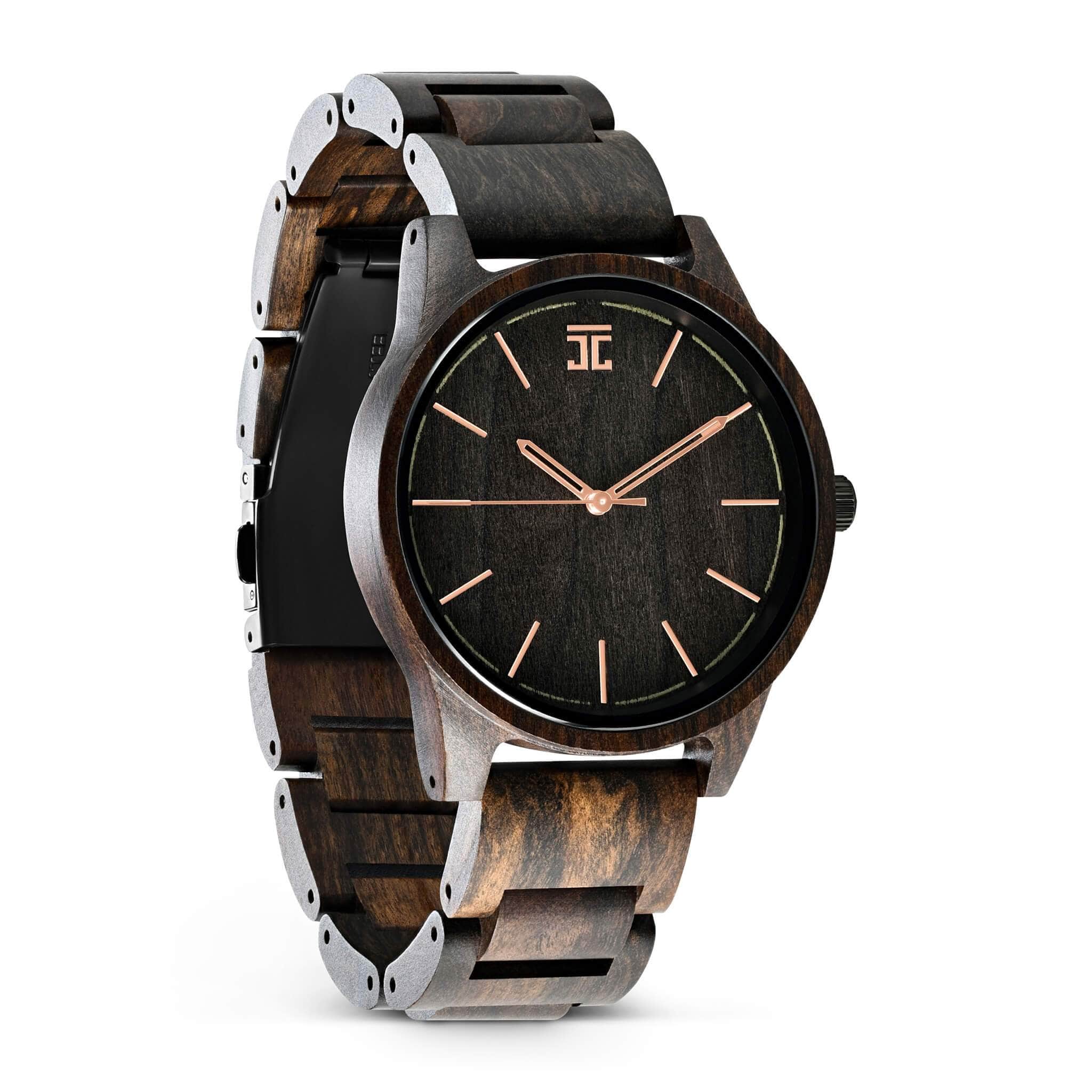 Wooden watch with black face and rose gold accents on a white background