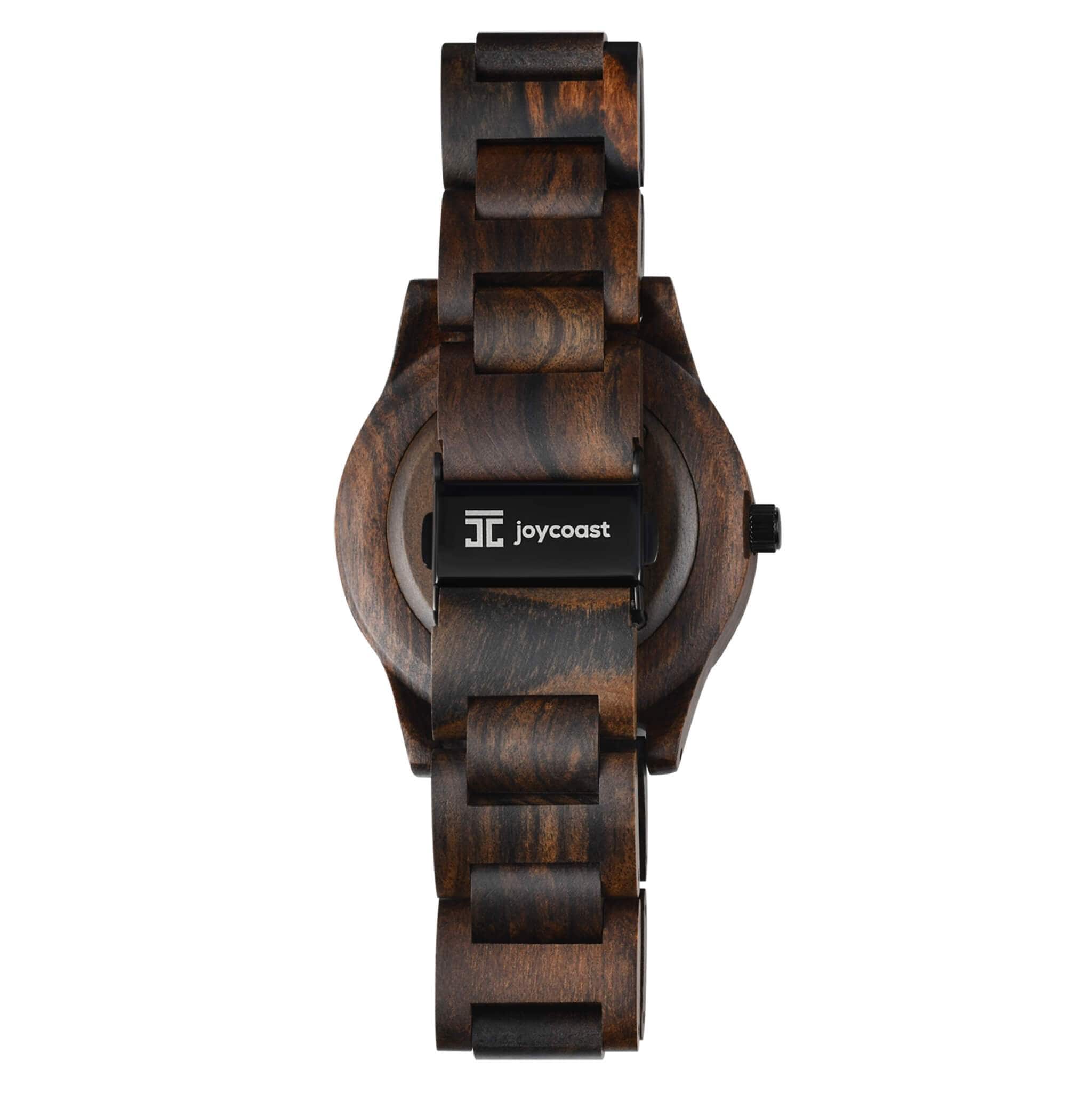 Wooden watch with 'joycoast' branding on a white background