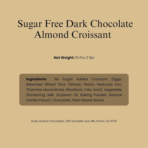 Ingredients and details of Andy Anand sugar-free dark chocolate almond croissant cake sweetened with stevia