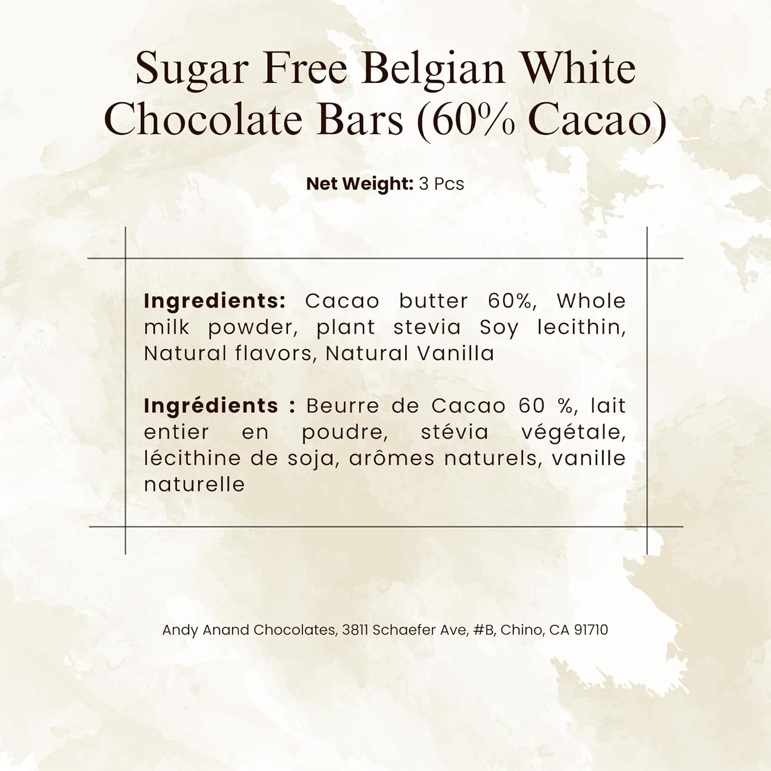 Andy Anand 80% cacao dark chocolate bars with no added sugar, stevia sweetened, artisan crafted