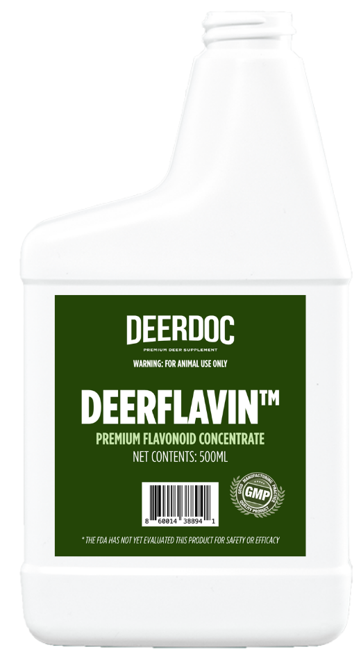 DeerFlavin 500mL bottle mockup — chemical-free deer health supplement by DeerDoc