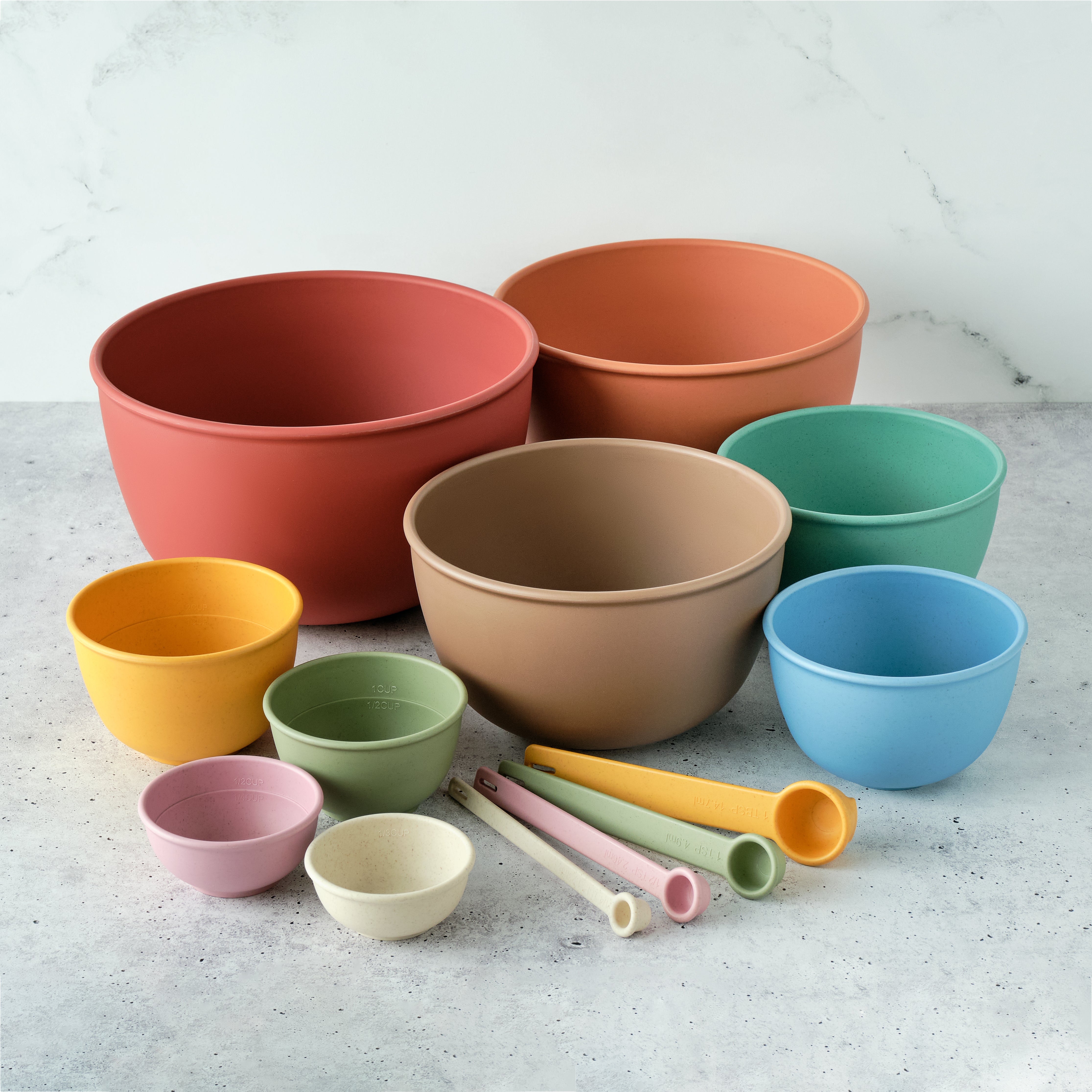 Bamboozle Astrik Baking Bundle in Desert Bloom colour showing complete set of bowls, cups, and spoons