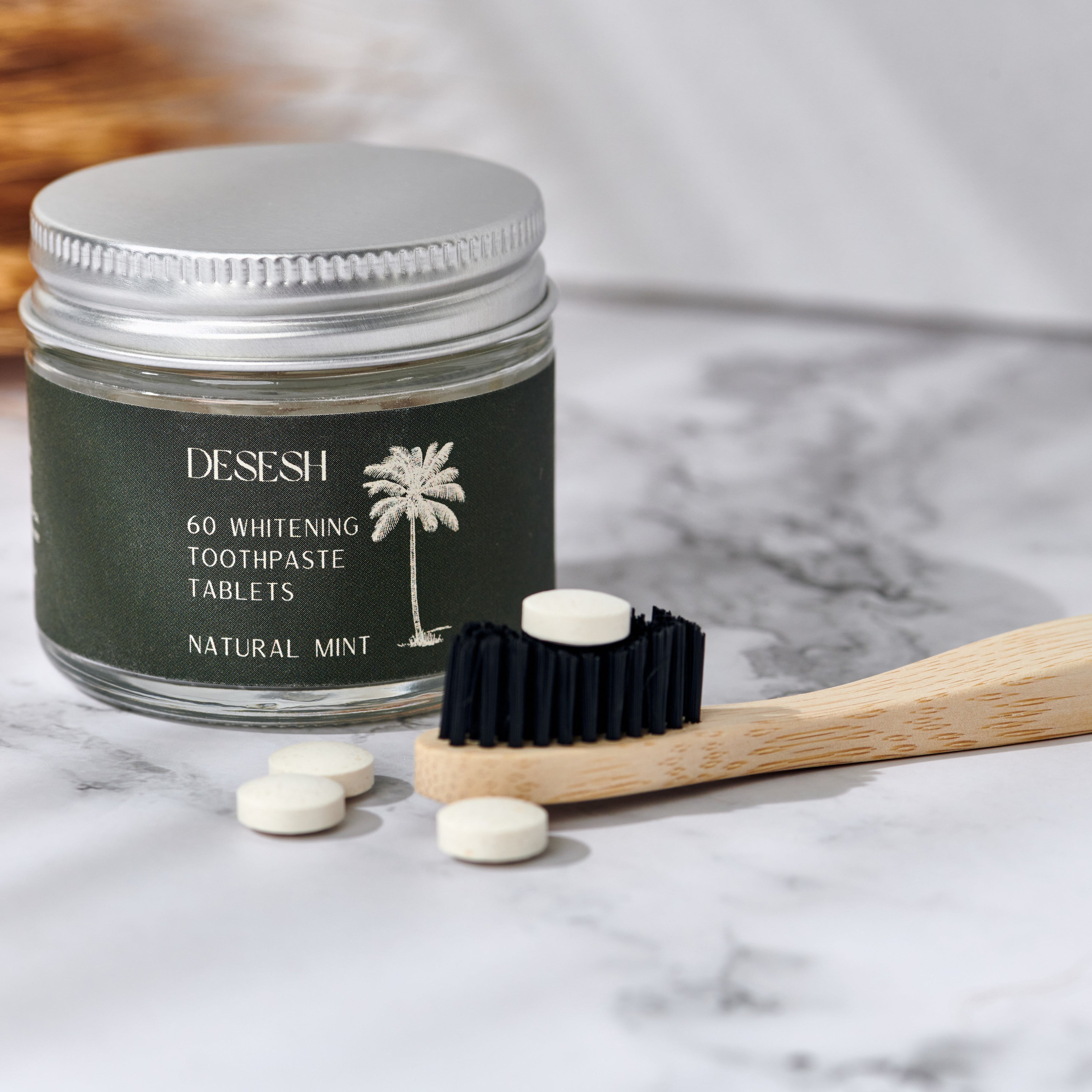 Desesh toothpaste tablets zero waste plastic-free sustainable oral care in glass jar