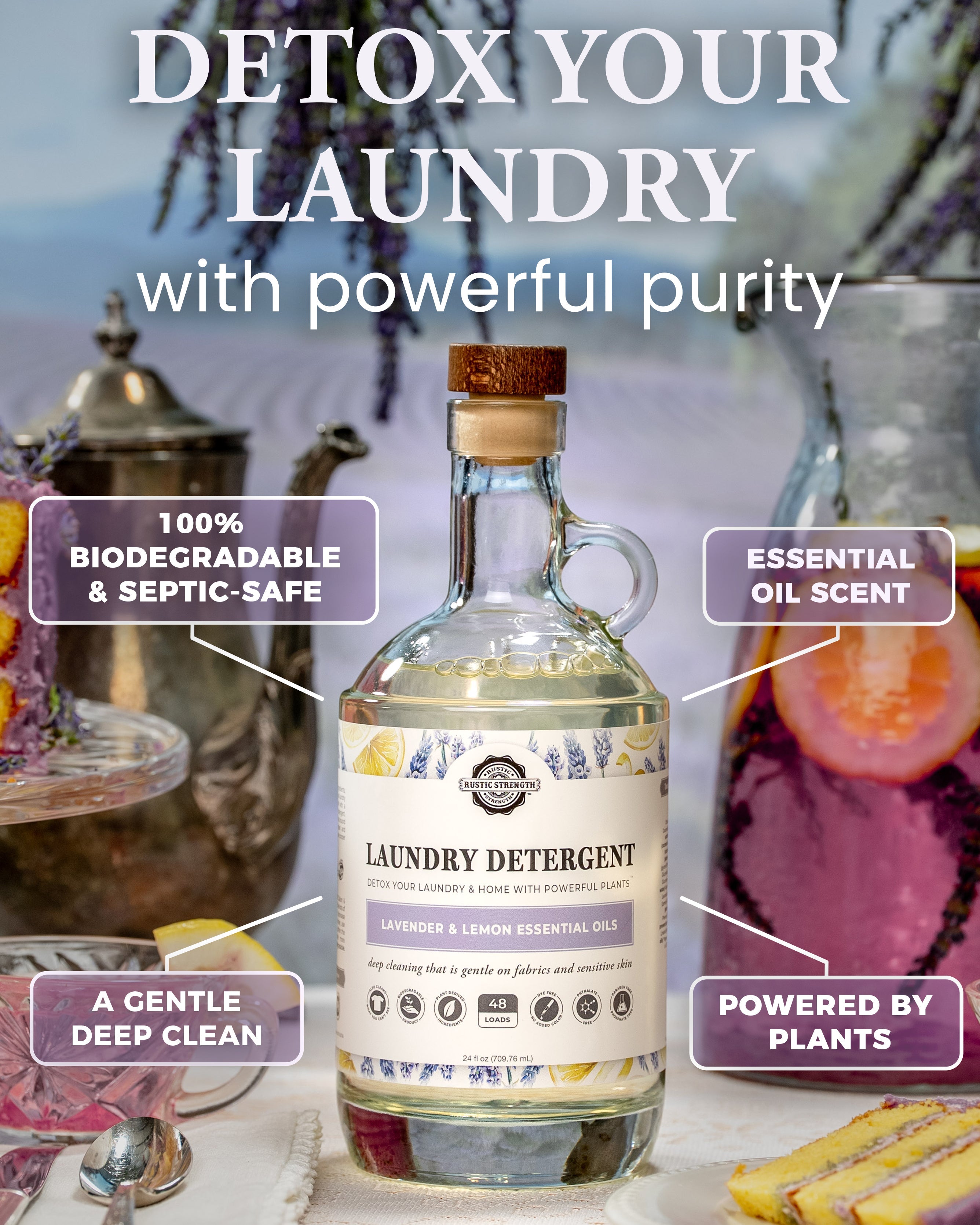 Rustic Strength Detox Liquid Laundry Detergent in lavender and lemon scent, toxin-free formula