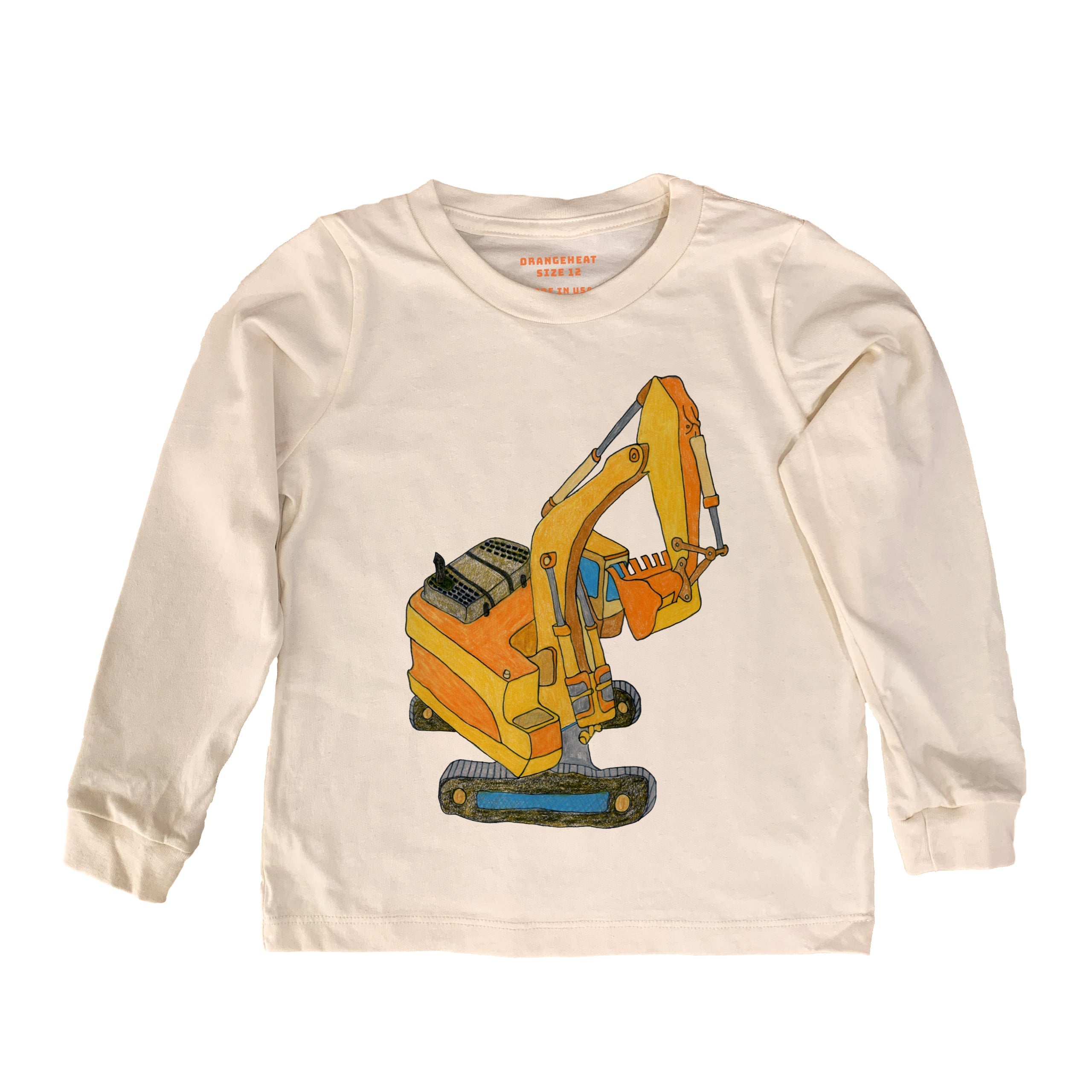 Beige long-sleeve shirt with a yellow excavator graphic on a white background