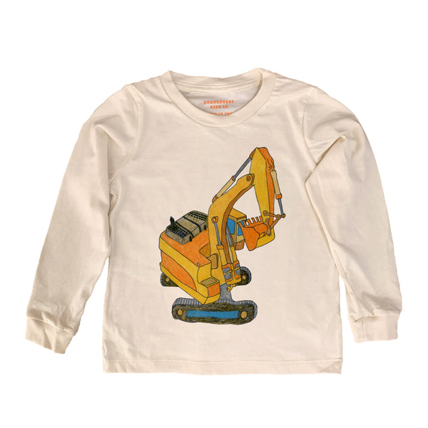 Beige long-sleeve shirt with a yellow excavator graphic on a white background