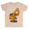 Beige t-shirt with a yellow excavator graphic on a white background