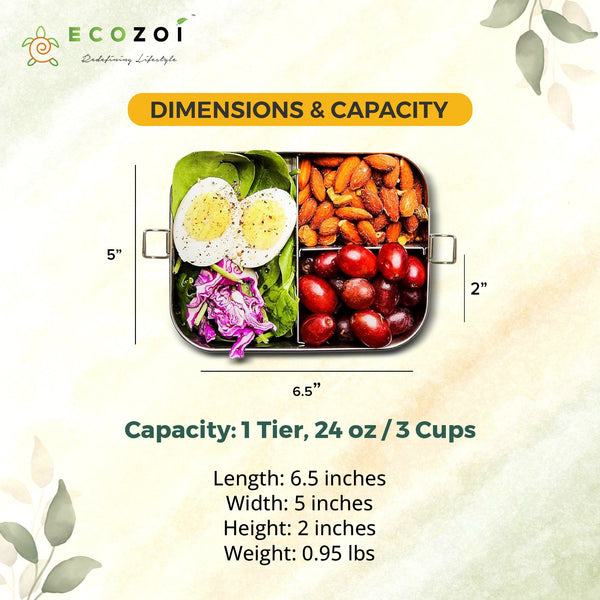 Ecozoi 3-Compartment Stainless Steel Bento Lunch Box – Leakproof, 24 Oz