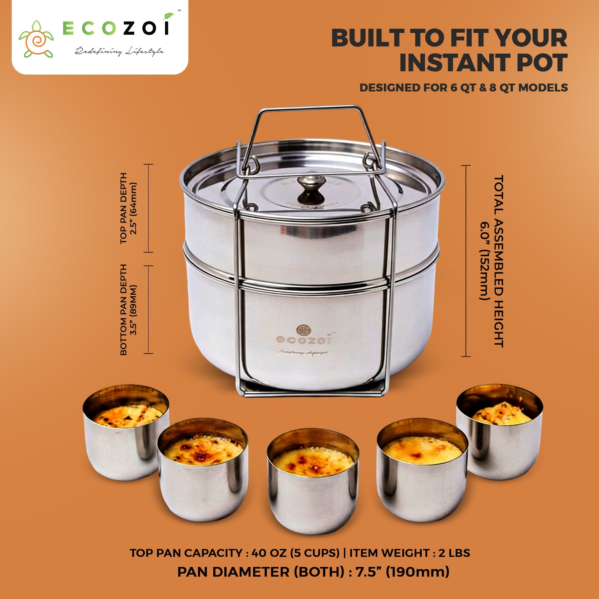 Stainless Steel Instant Pot Insert Pans – 2 Tier Stackable for 6 Qt & 8 Qt Pressure Cookers