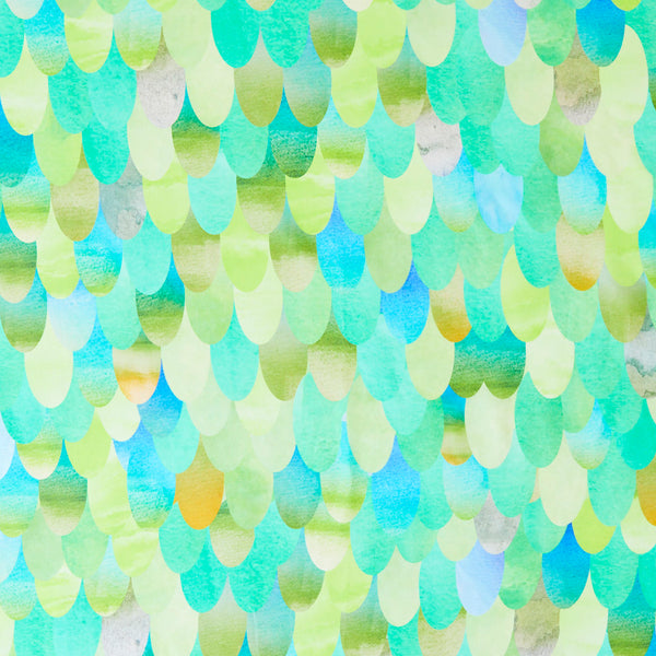 Pattern of watercolor droplets in green, blue, and yellow on a light background