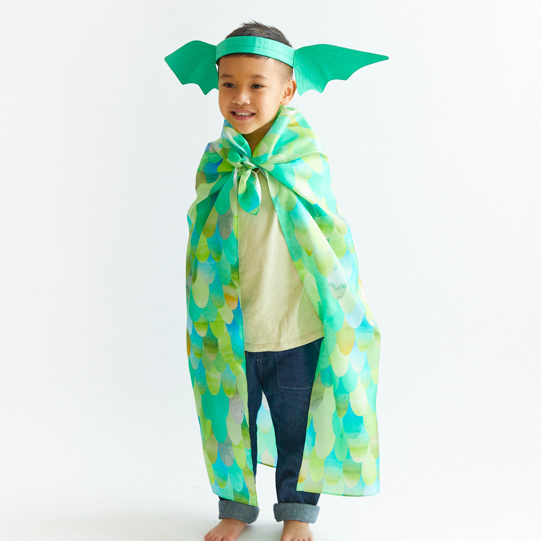 Child wearing a green and blue costume with wings on a white background