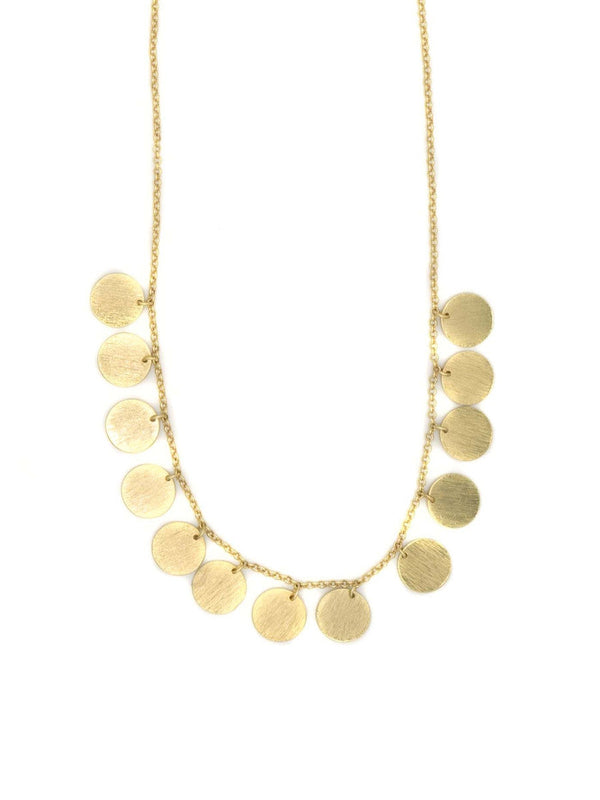 Gold necklace with circular pendants on a white background